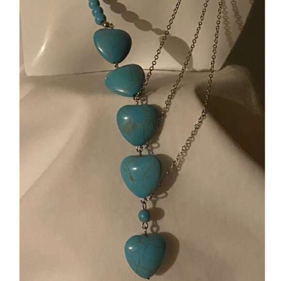 Unique Turquoise & Layered Sterling Silver Chain  Drop Heart Necklace - Picture 5 of 7